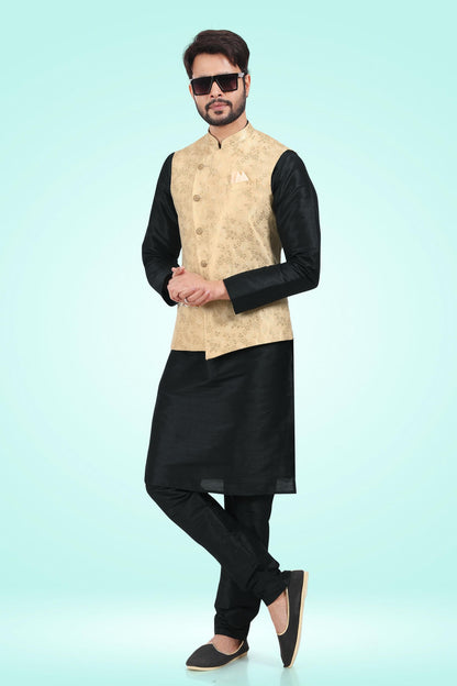 Gold Colour Jacquard Banarasi Silk Woven Work Kurta Pajama With Jacket