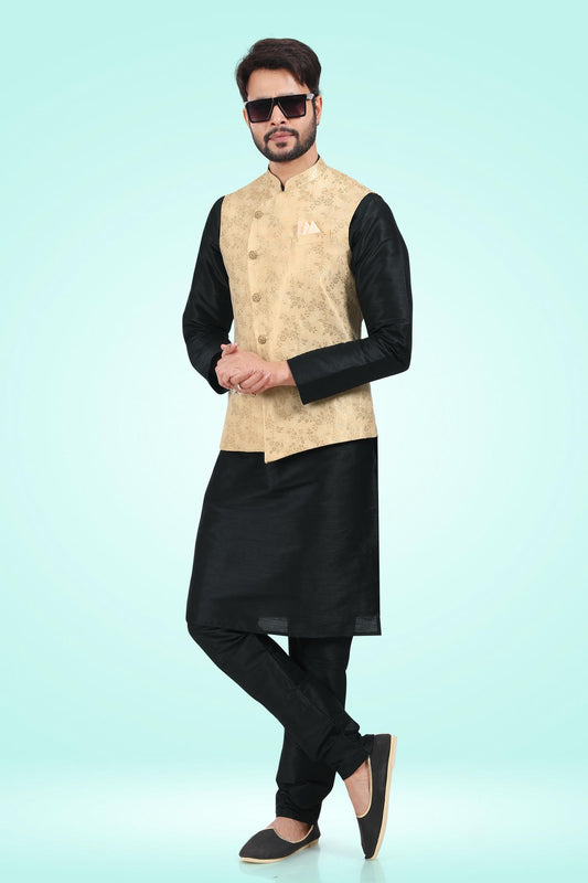 Gold Colour Jacquard Banarasi Silk Woven Work Kurta Pajama With Jacket