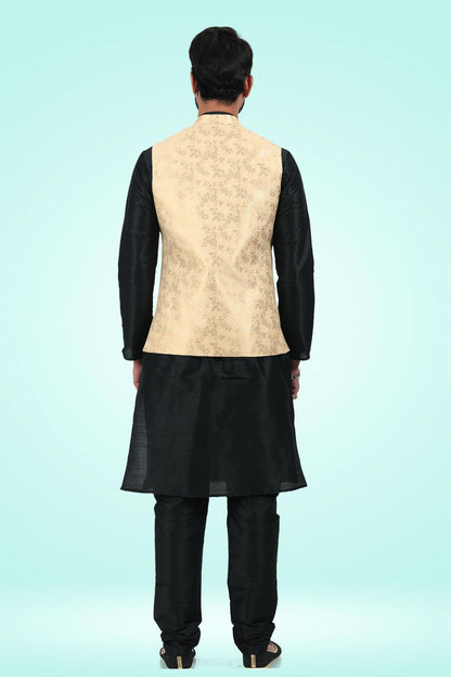 Gold Colour Jacquard Banarasi Silk Woven Work Kurta Pajama With Jacket