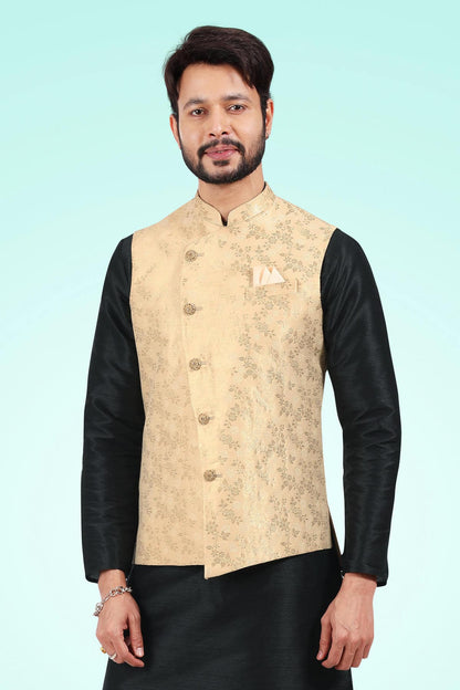 Gold Colour Jacquard Banarasi Silk Woven Work Kurta Pajama With Jacket