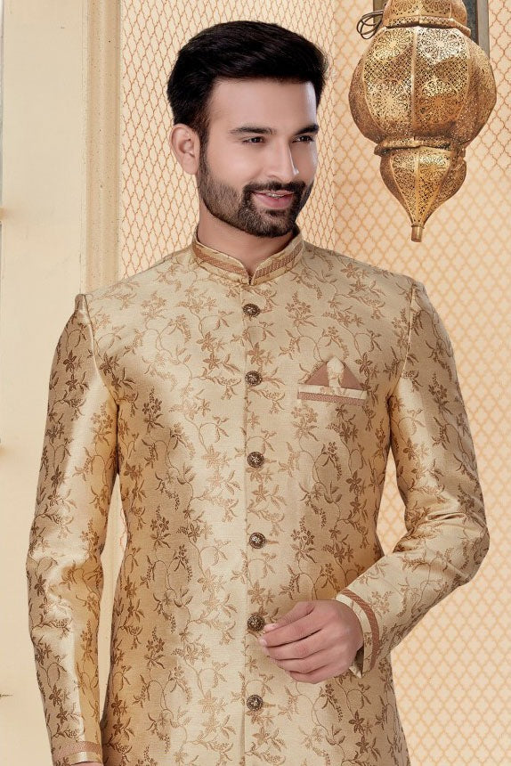 Gold Colour Jacquard Sherwani SH1040267 A