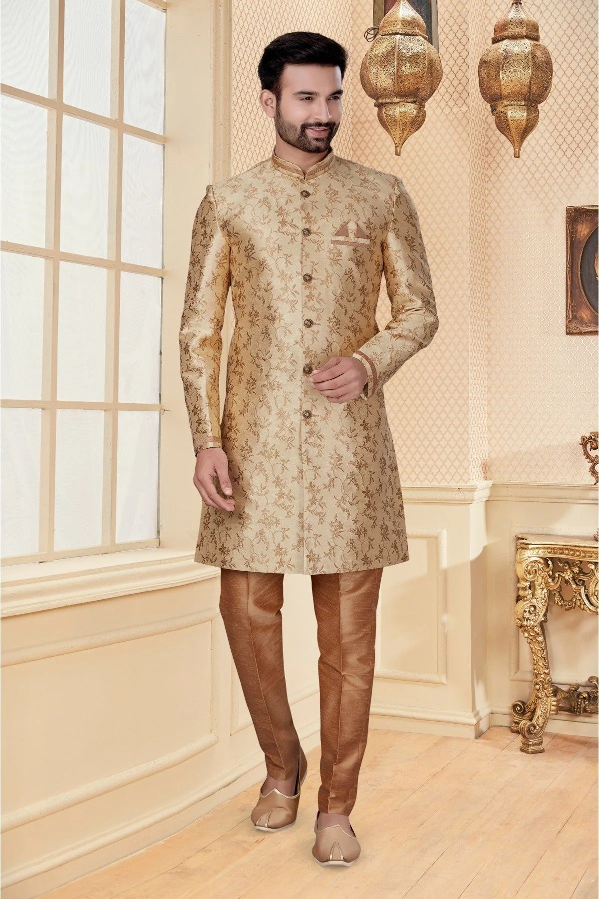 Gold Colour Jacquard Sherwani SH1040267