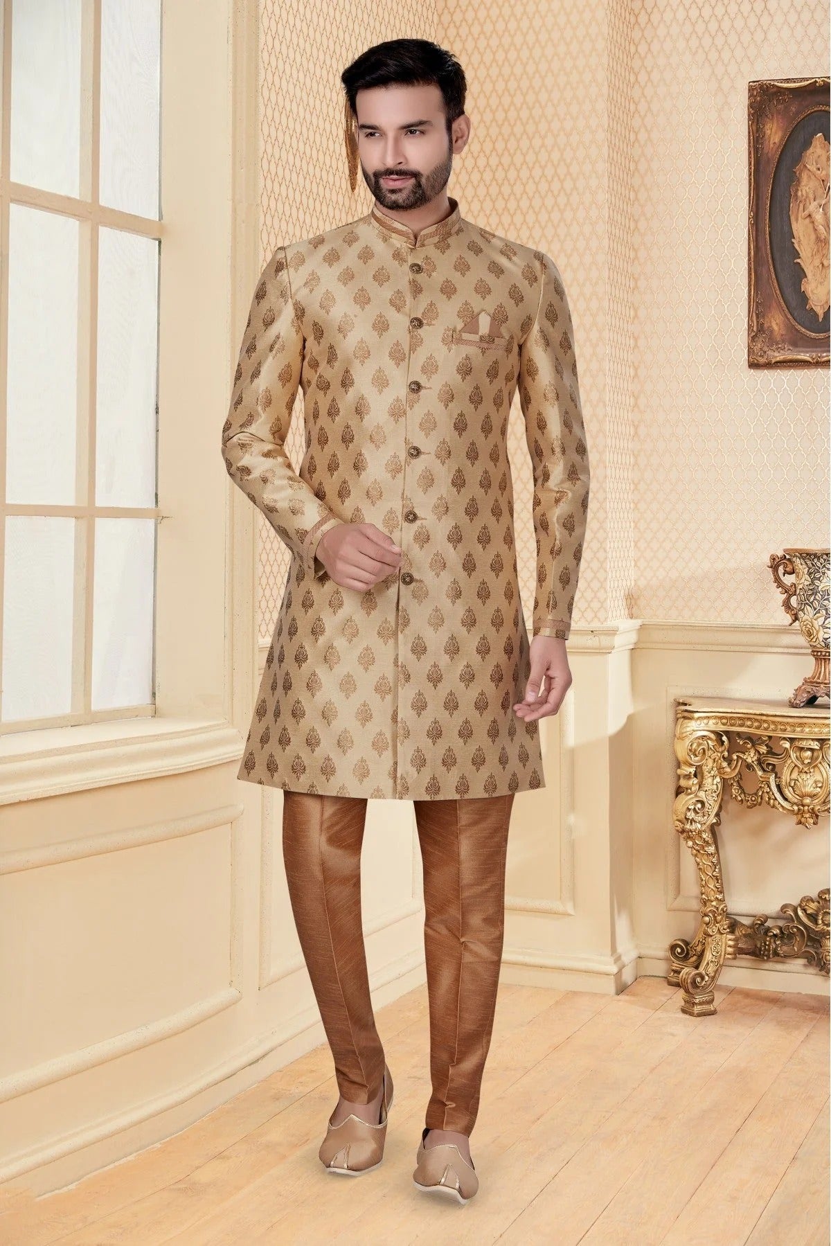 Gold Colour Jacquard Sherwani SH1040271