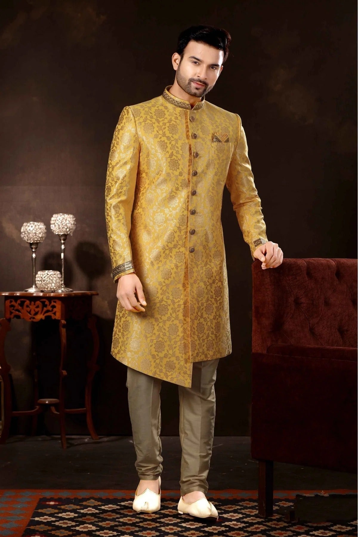 Gold Colour Jacquard Sherwani SH1040356