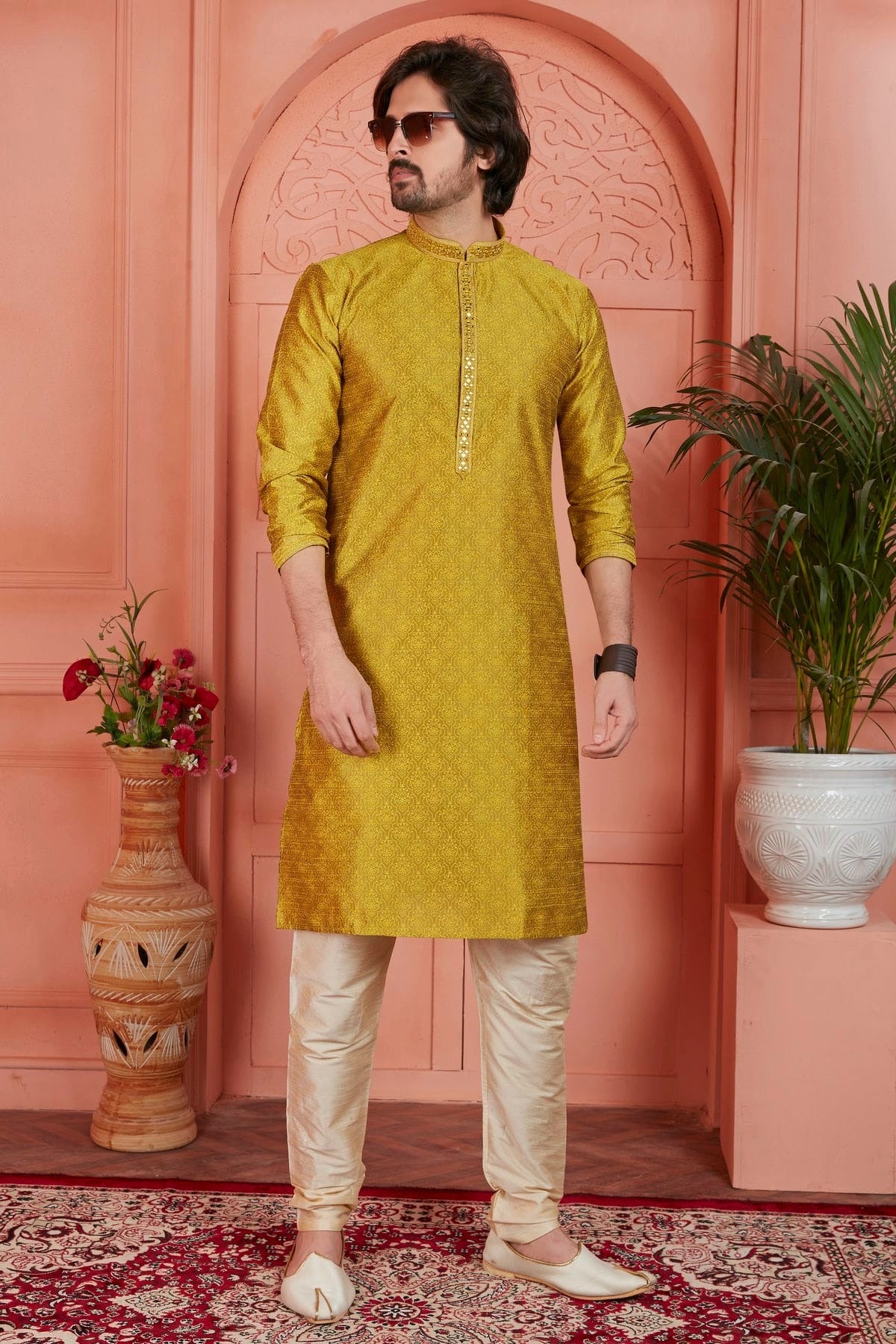 Gold Colour Jacquard Silk Brocade Kurta Pajama KP1230233 A