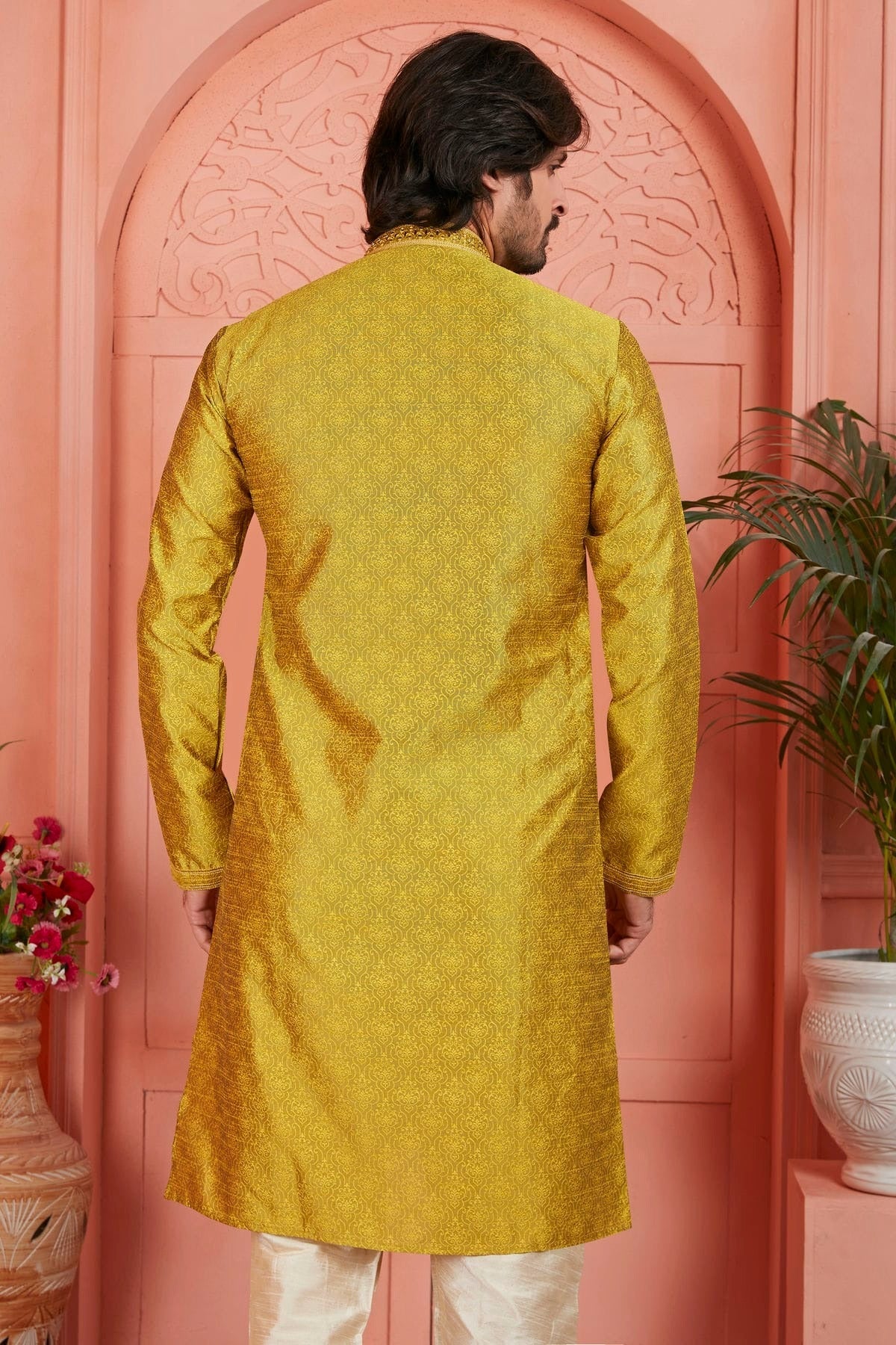 Gold Colour Jacquard Silk Brocade Kurta Pajama KP1230233 B