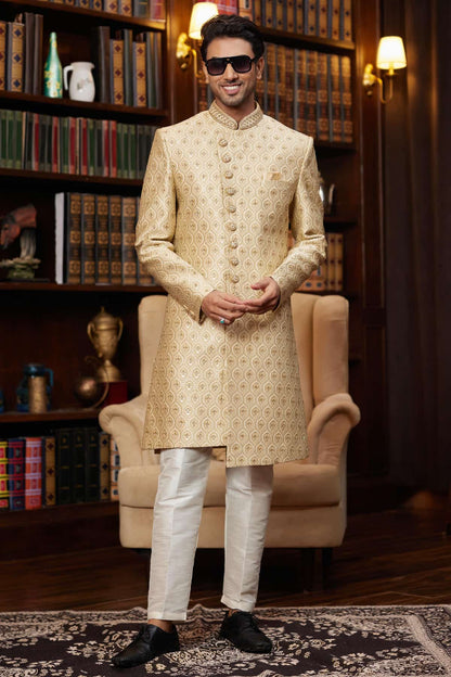 Gold Colour Jacquard Silk Embroidery Work Indo Western