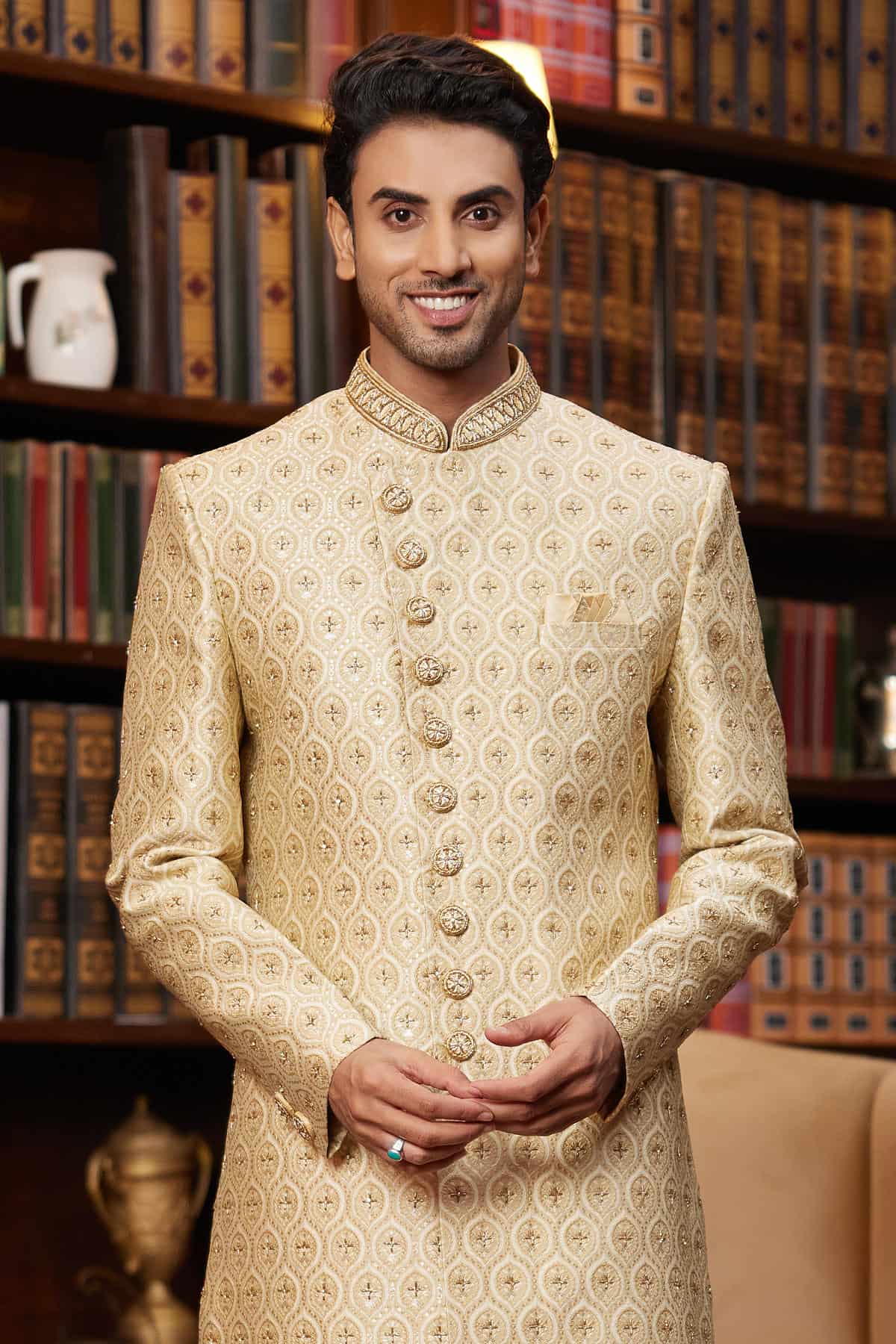 Gold Colour Jacquard Silk Embroidery Work Indo Western