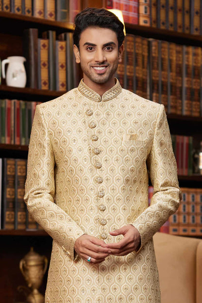 Gold Colour Jacquard Silk Embroidery Work Indo Western