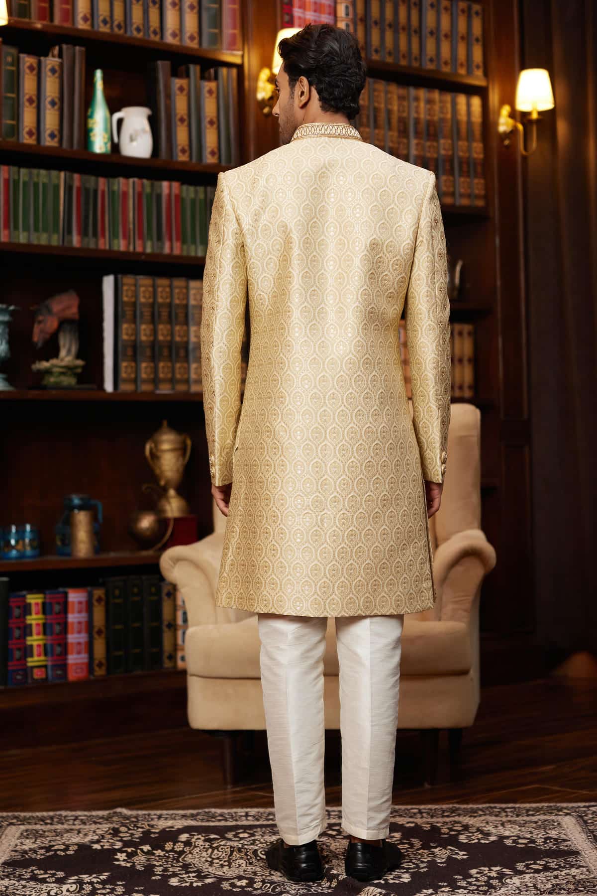 Gold Colour Jacquard Silk Embroidery Work Indo Western