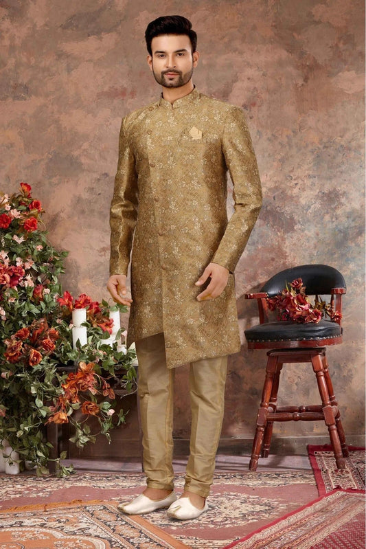 Gold Colour Jacquard Thread Work Sherwani SH1040353