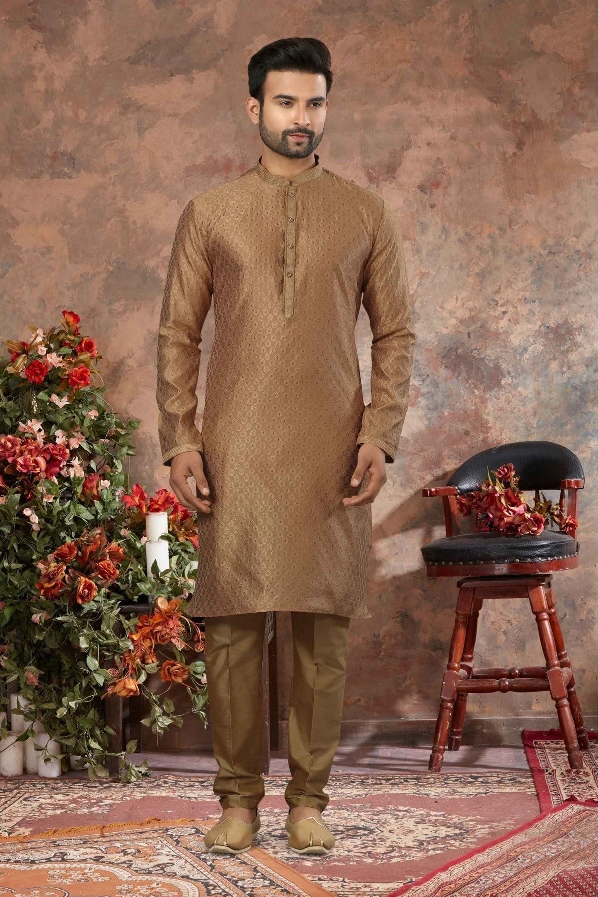 Gold Colour Kurta Pajama In Jacquard Fabric KP1040145