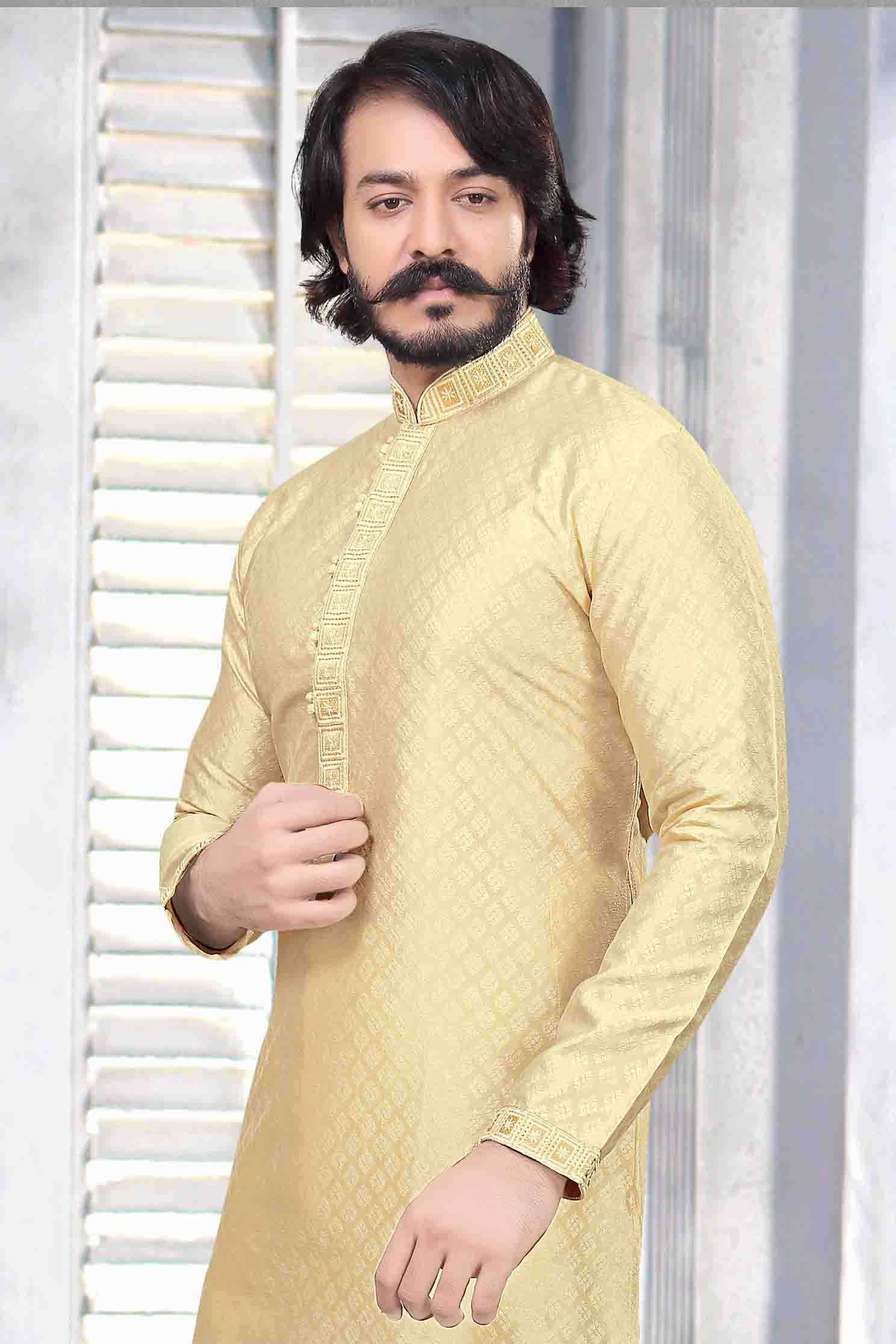 Gold Colour Kurta Pajama In Jacquard Silk KP1210035 A