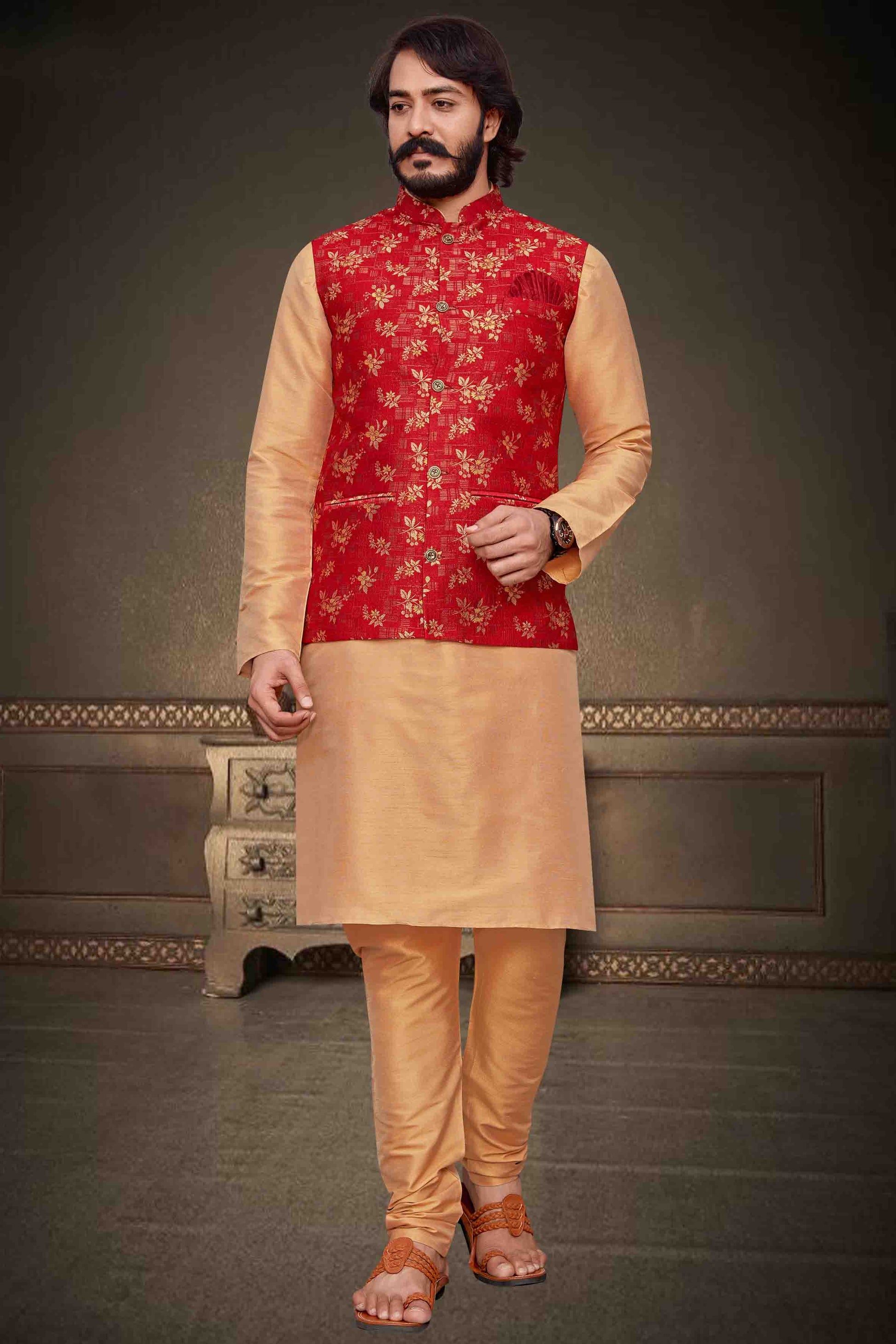 Gold Colour Kurta Pajama With Jacket In Art Silk KP1210323