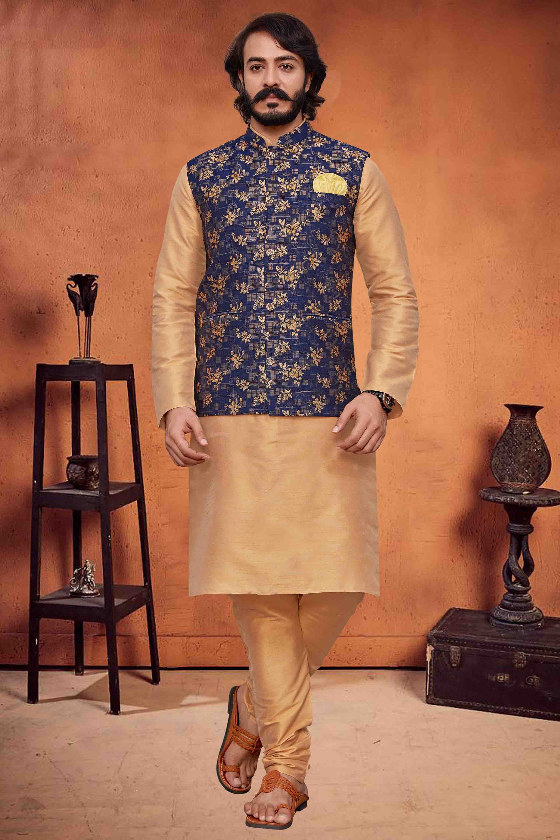 Gold Colour Kurta Pajama With Jacket In Art Silk KP1210324