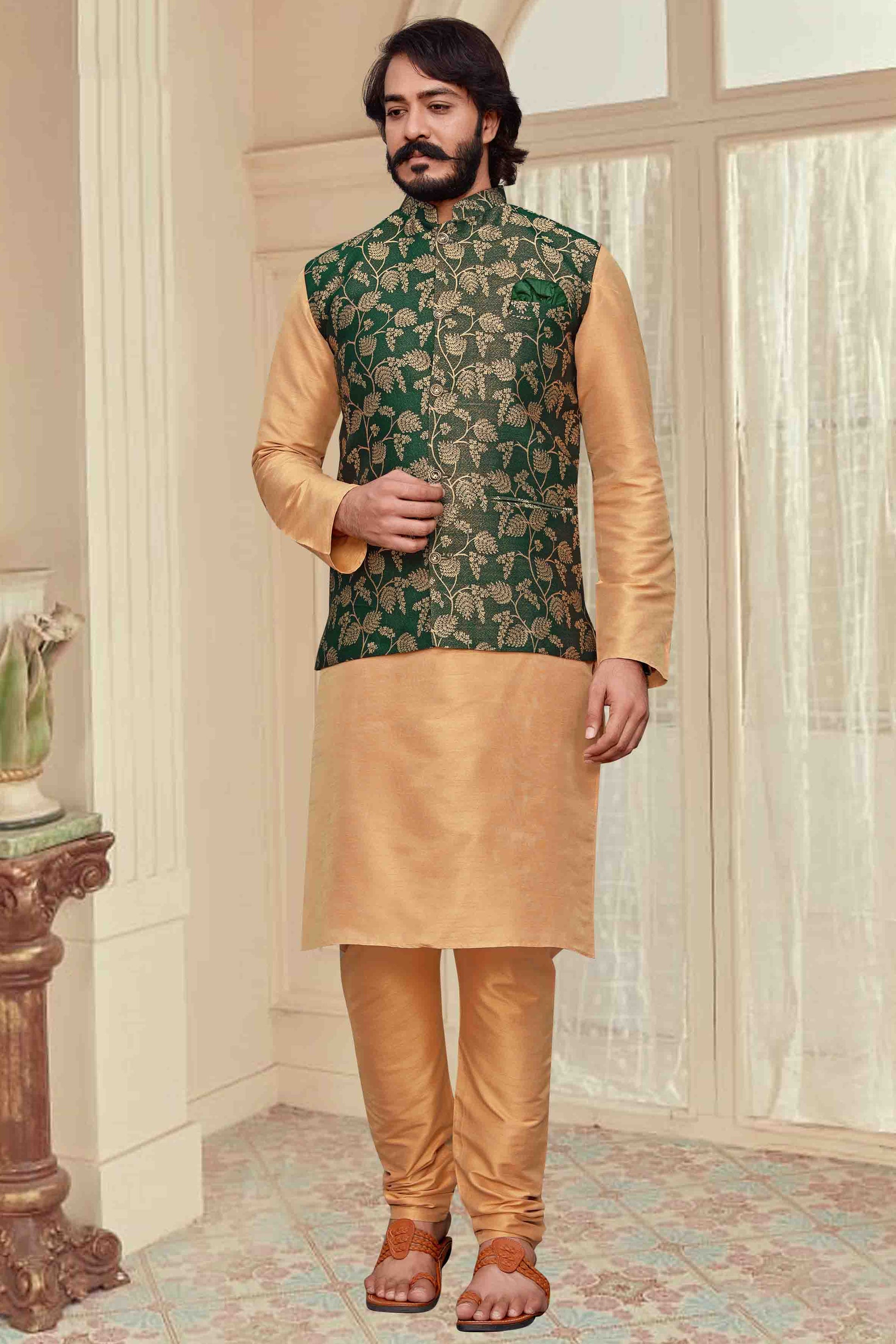 Gold Colour Kurta Pajama With Jacket In Art Silk KP1210325