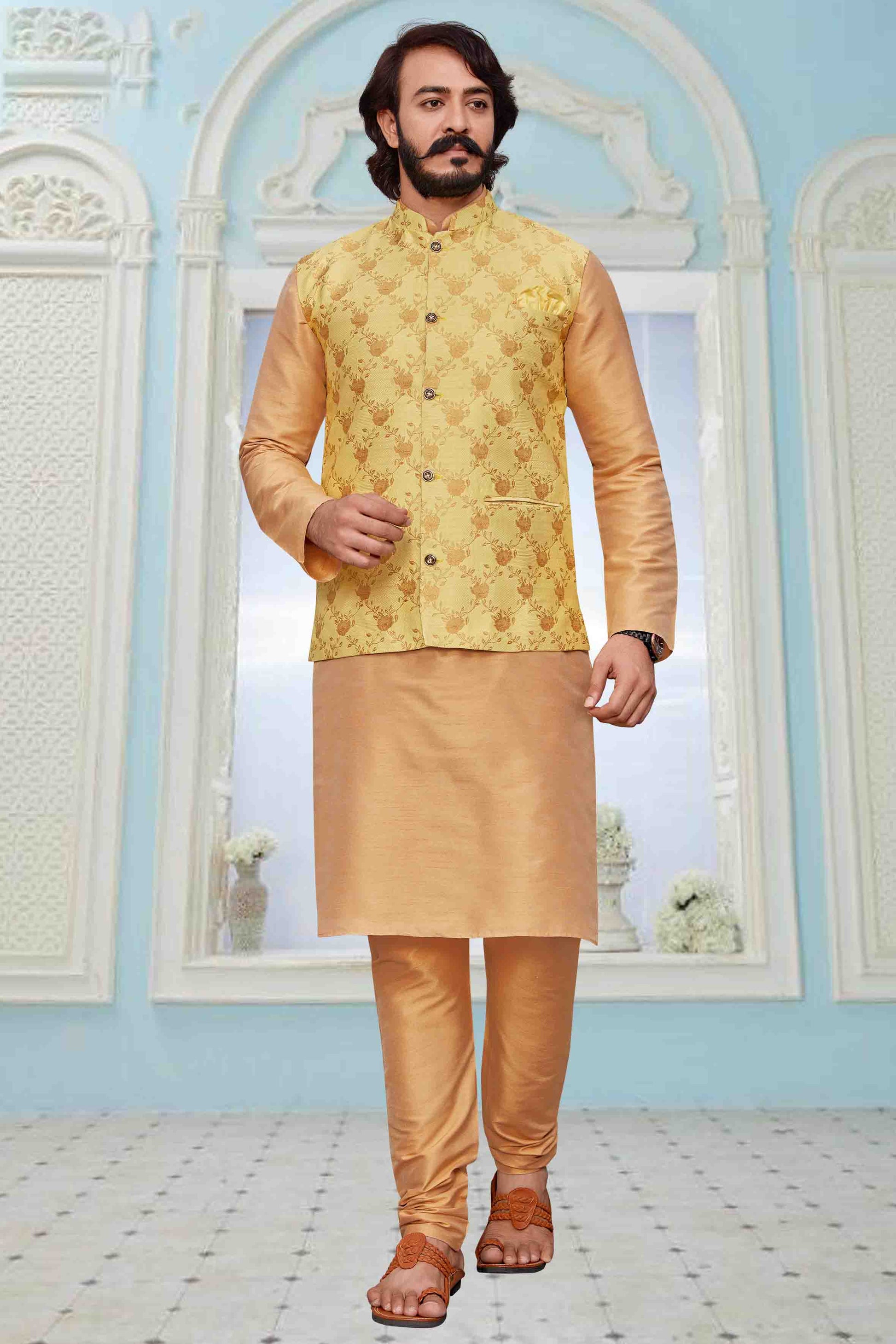 Gold Colour Kurta Pajama With Jacket In Art Silk KP1210326