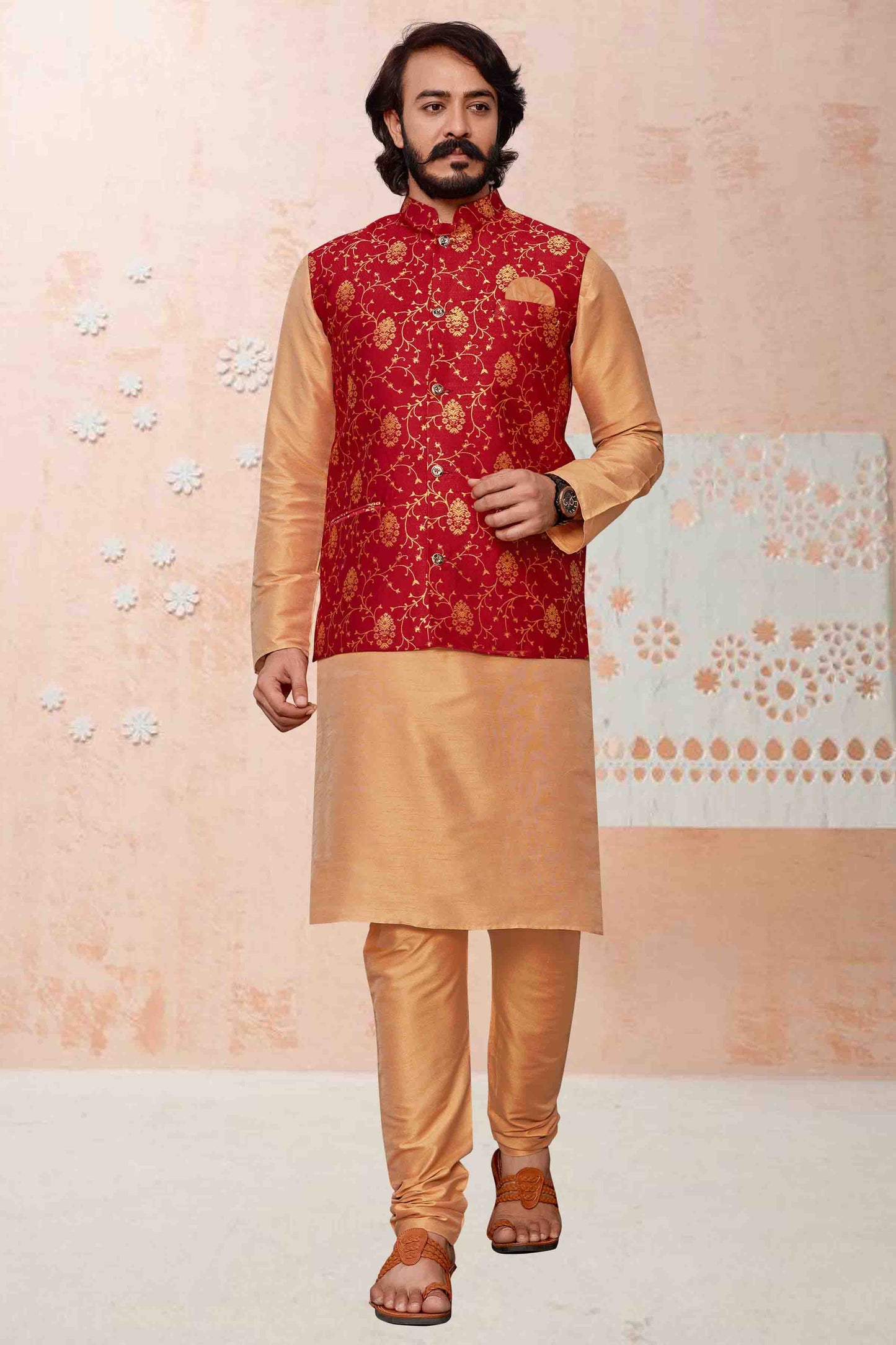Gold Colour Kurta Pajama With Jacket In Art Silk KP1210327