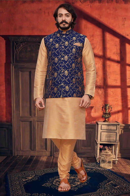 Gold Colour Kurta Pajama With Jacket In Art Silk KP1210328