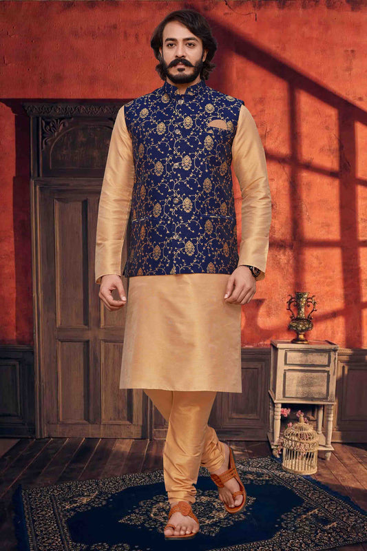 Gold Colour Kurta Pajama With Jacket In Art Silk KP1210328