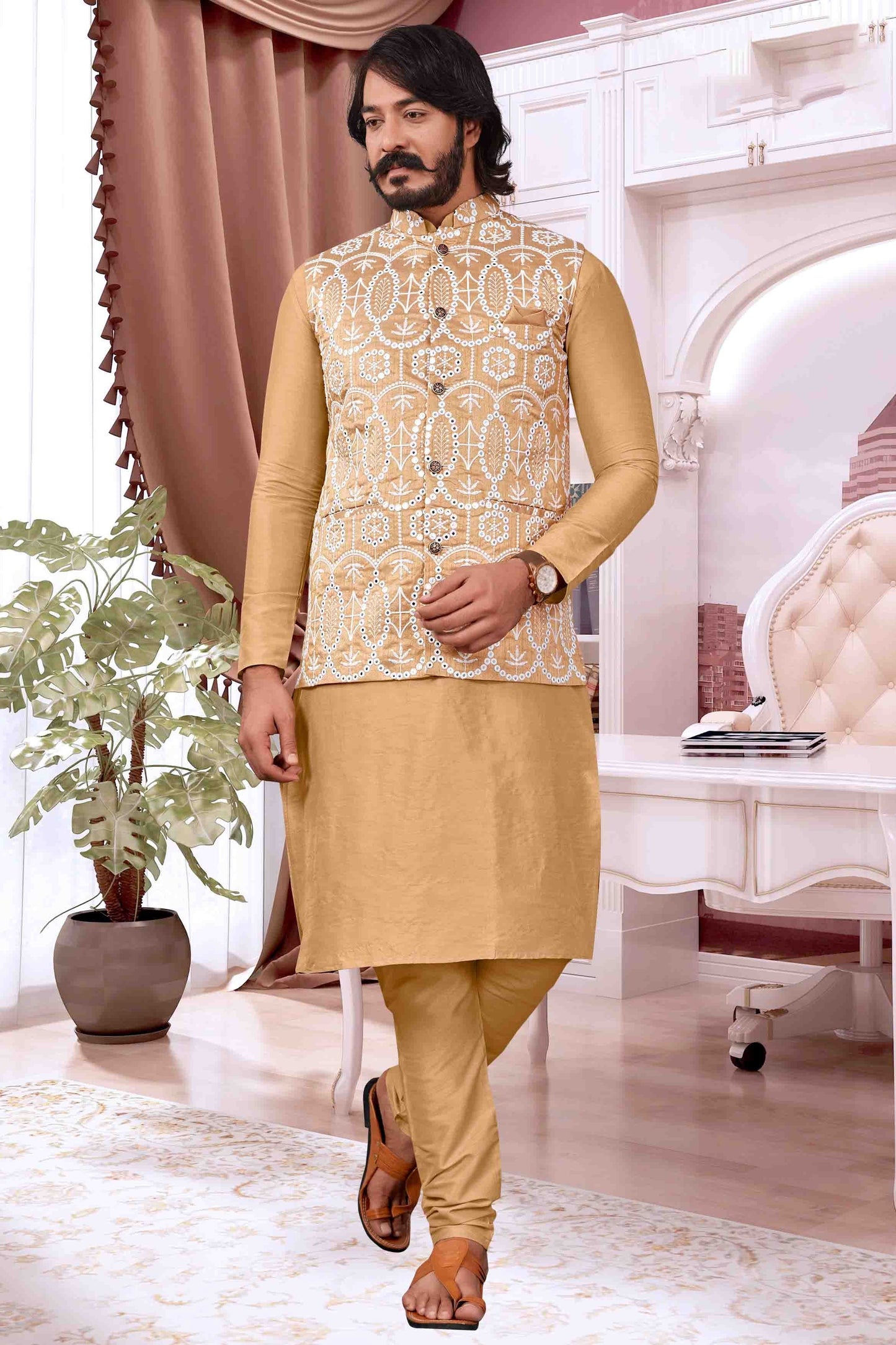 Gold Colour Kurta Pajama With Jacket In Art Silk KP1210420