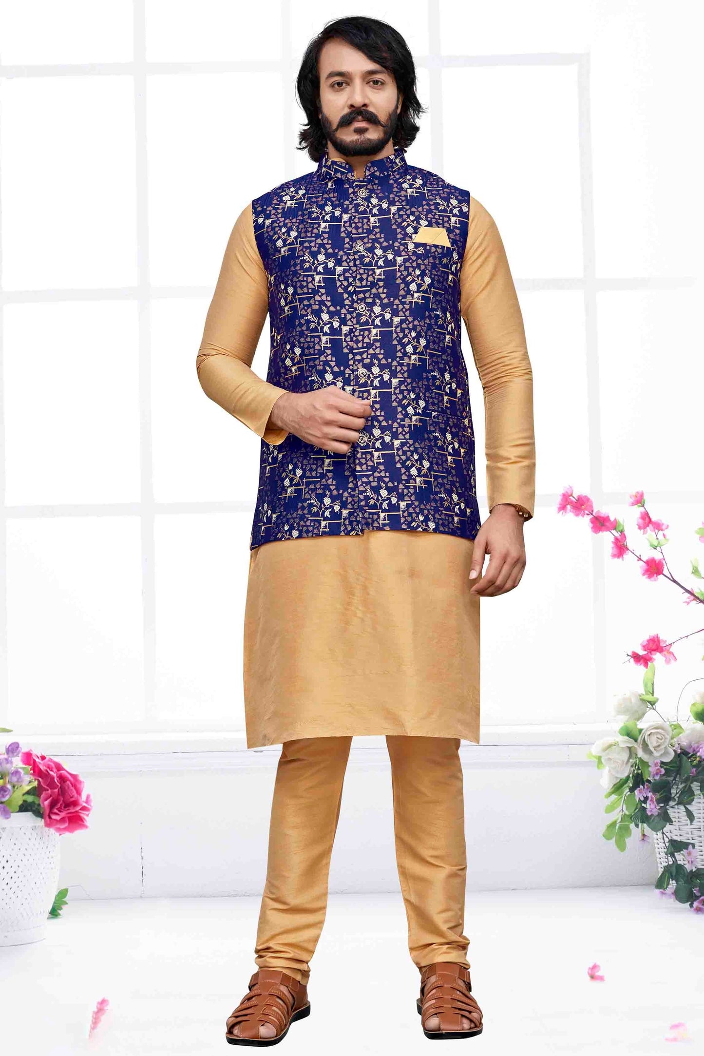 Gold Colour Kurta Pajama With Jacket In Art Silk KP1210466