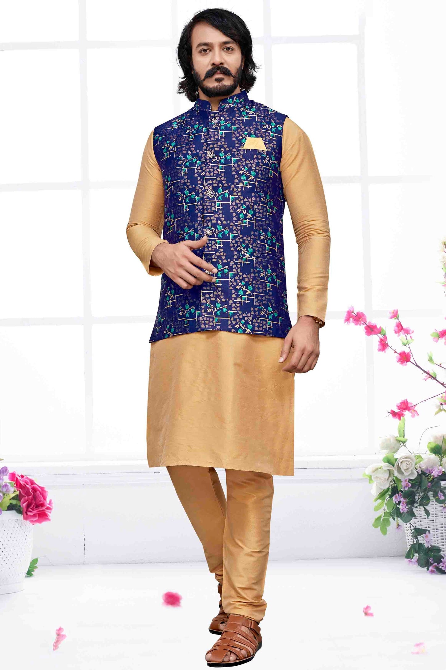 Gold Colour Kurta Pajama With Jacket In Art Silk KP1210467