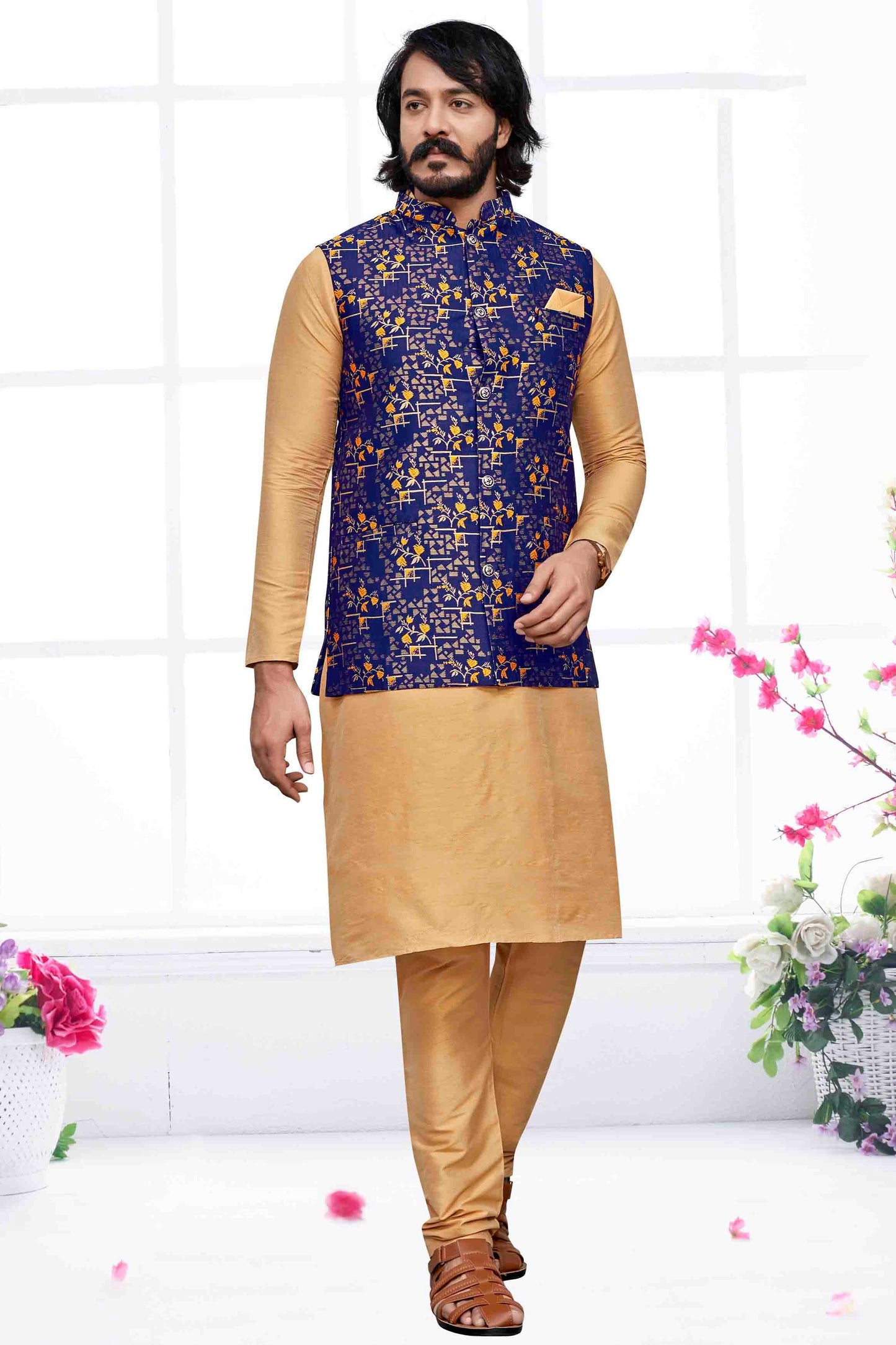 Gold Colour Kurta Pajama With Jacket In Art Silk KP1210468