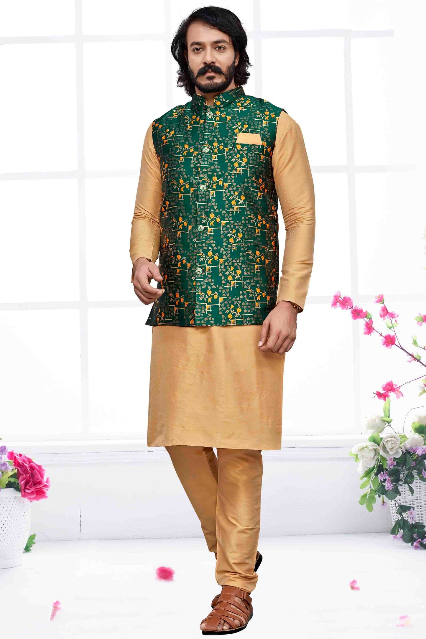 Gold Colour Kurta Pajama With Jacket In Art Silk KP1210469