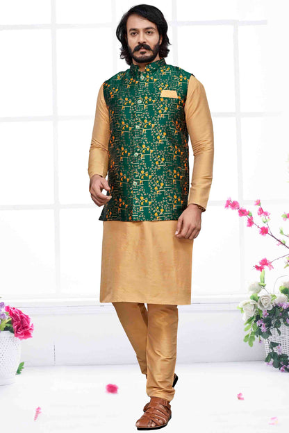 Gold Colour Kurta Pajama With Jacket In Art Silk KP1210469