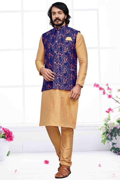 Gold Colour Kurta Pajama With Jacket In Art Silk KP1210470