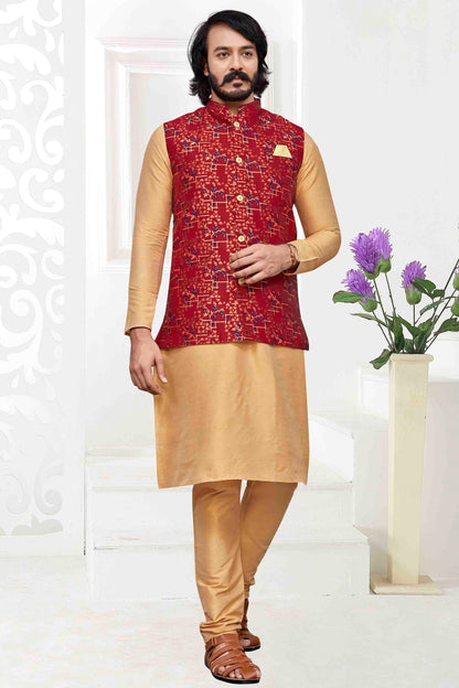 Gold Colour Kurta Pajama With Jacket In Art Silk KP1210471