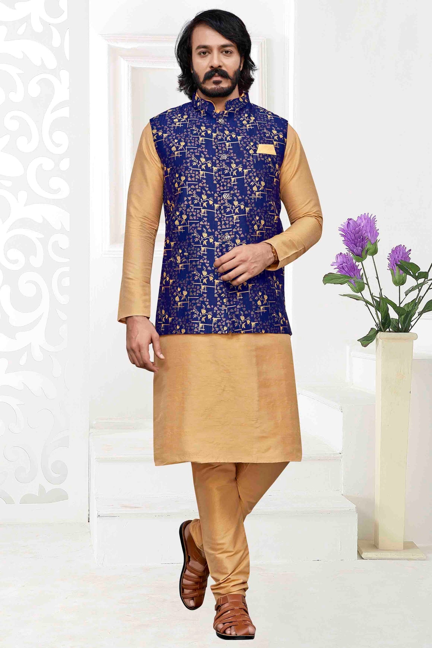 Gold Colour Kurta Pajama With Jacket In Art Silk KP1210472