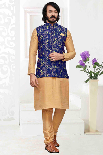 Gold Colour Kurta Pajama With Jacket In Art Silk KP1210473