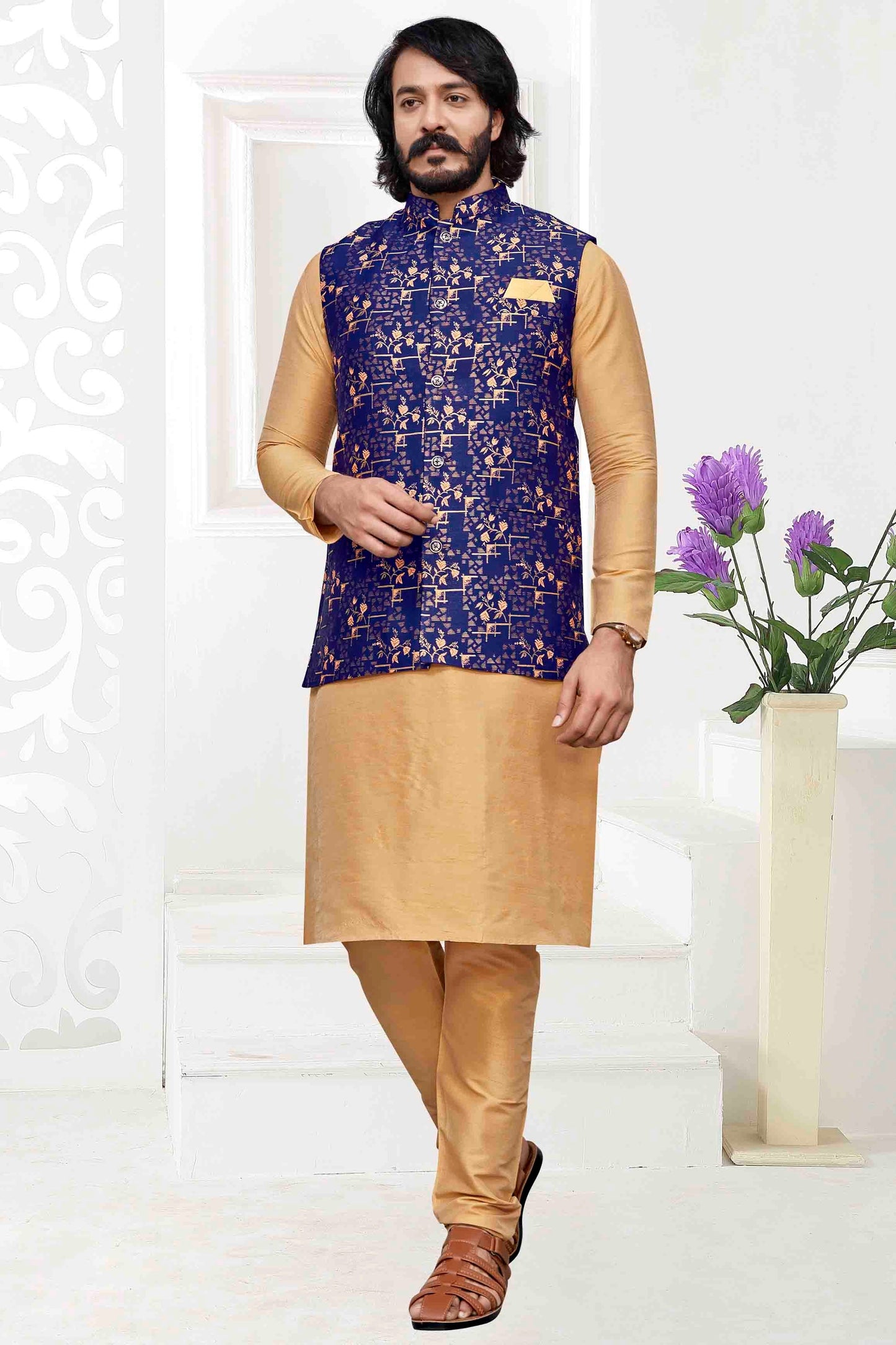 Gold Colour Kurta Pajama With Jacket In Art Silk KP1210474