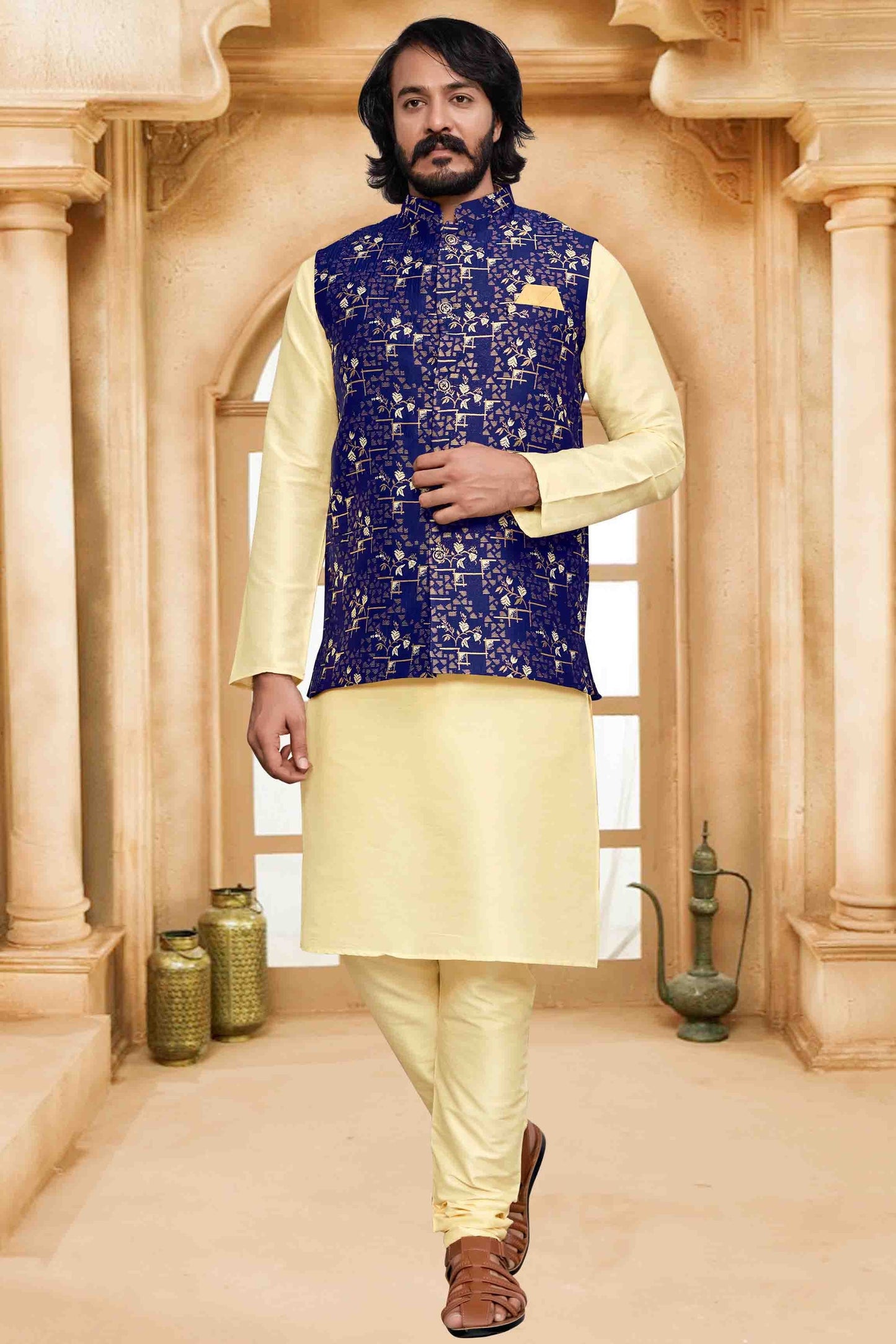 Gold Colour Kurta Pajama With Jacket In Art Silk KP1210477