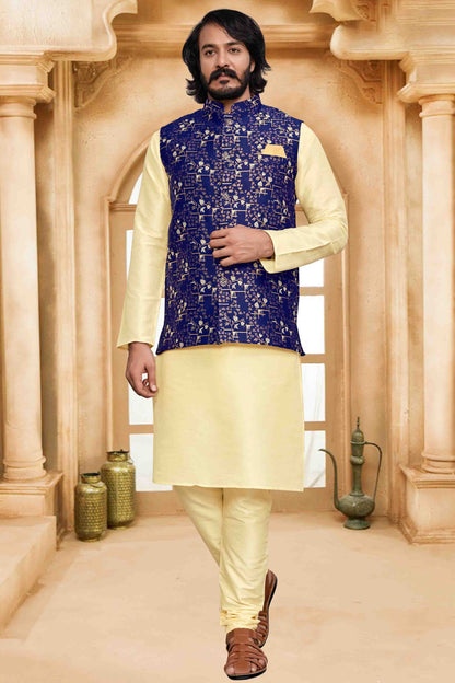 Gold Colour Kurta Pajama With Jacket In Art Silk KP1210477