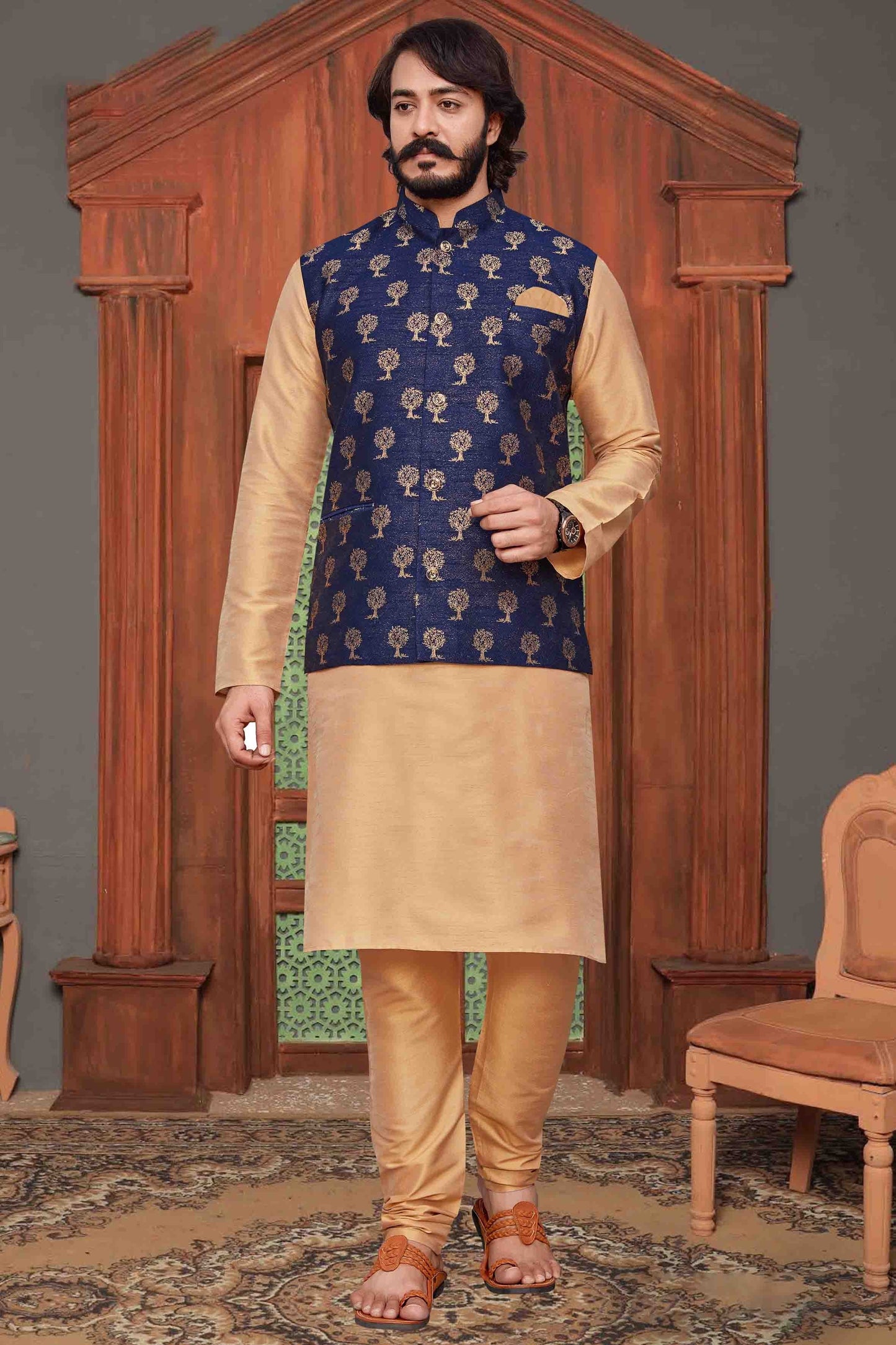 Gold Colour Kurta Pajama With Jacket In Fancy Silk KP1210345