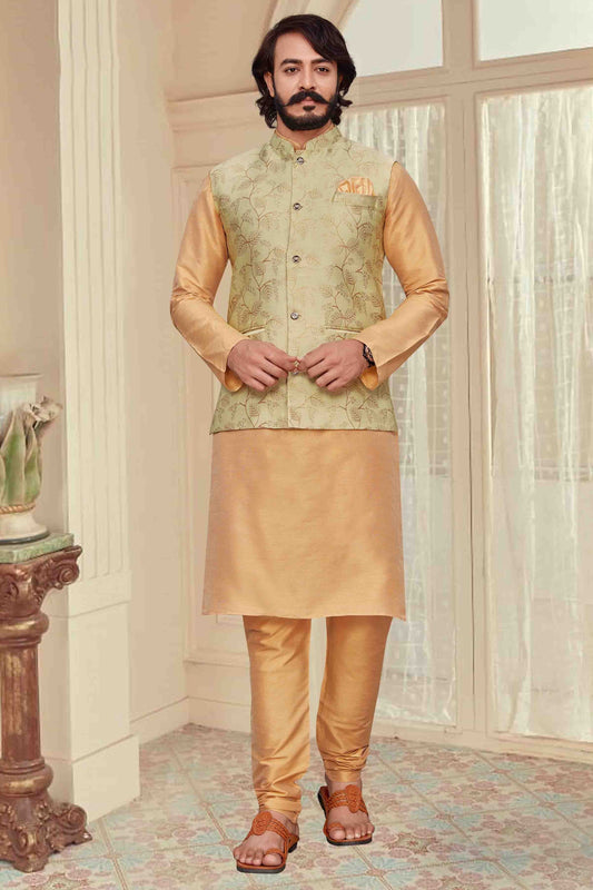 Gold Colour Kurta Pajama With Jacket In Fancy Silk KP1210346