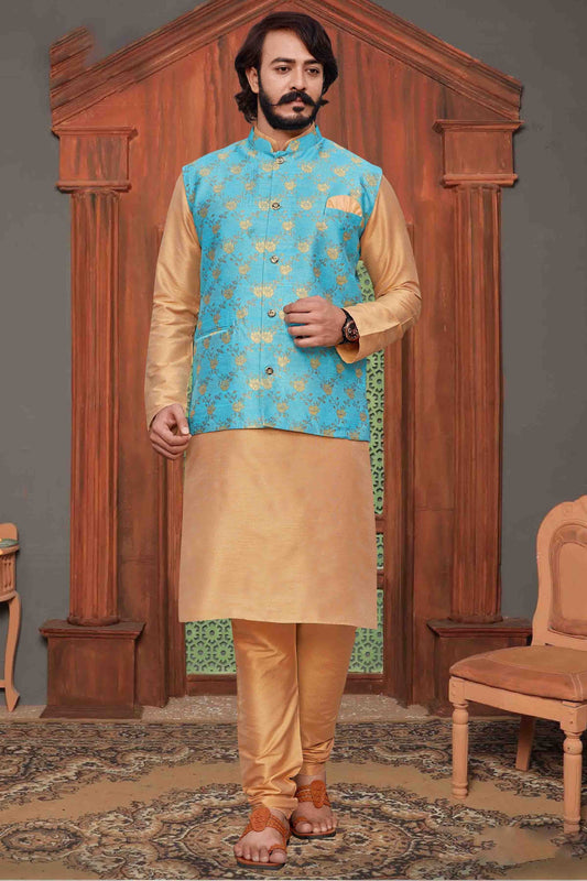 Gold Colour Kurta Pajama With Jacket In Fancy Silk KP1210349