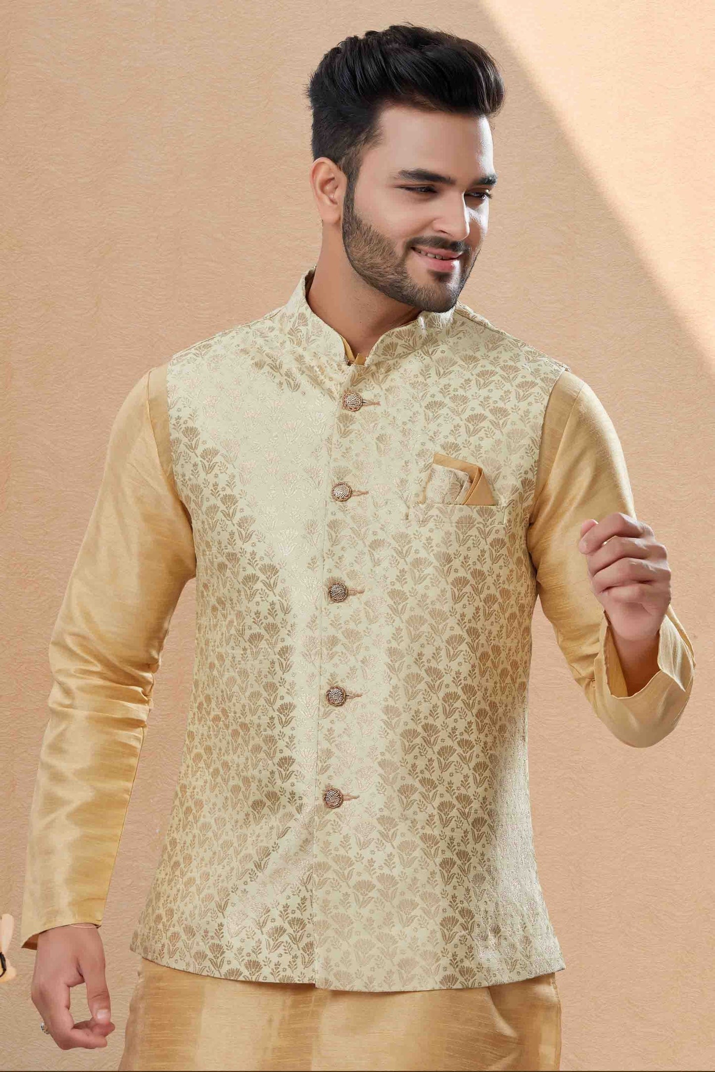 Gold Colour Kurta Pajama With Jacket In Silk Dupion Fabric KP1040462 A