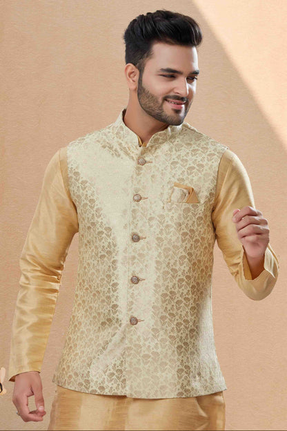 Gold Colour Kurta Pajama With Jacket In Silk Dupion Fabric KP1040462 A
