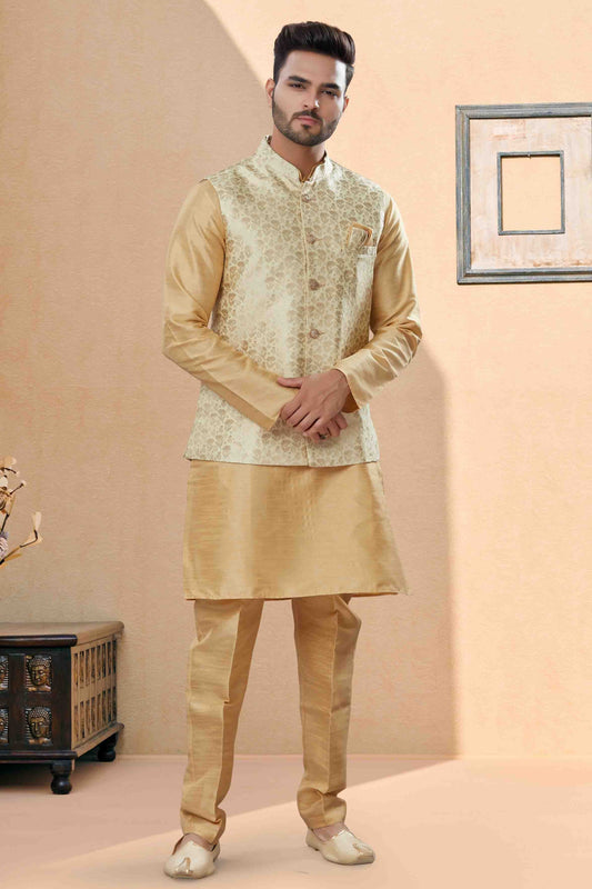 Gold Colour Kurta Pajama With Jacket In Silk Dupion Fabric KP1040462