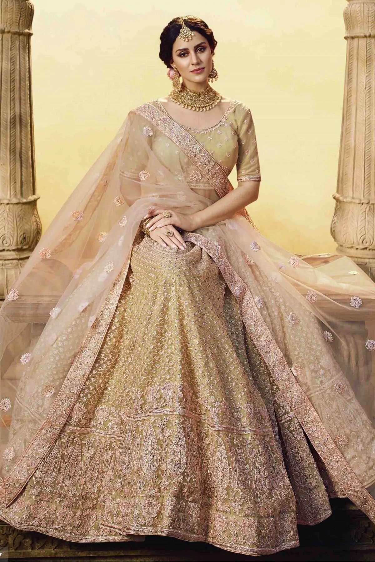 Gold Colour Soft Net And Silk Embroidery Lehenga Choli LC1080230 A