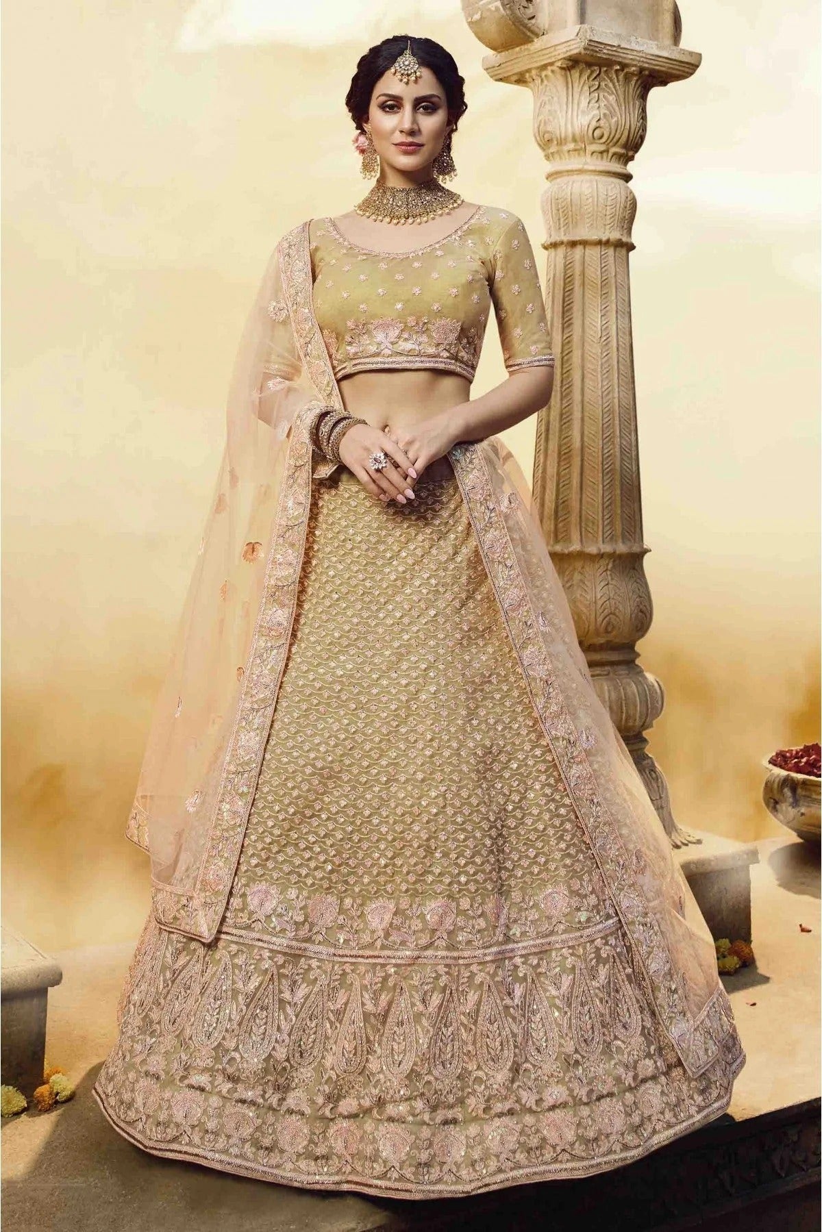 Gold Colour Soft Net And Silk Embroidery Lehenga Choli LC1080230