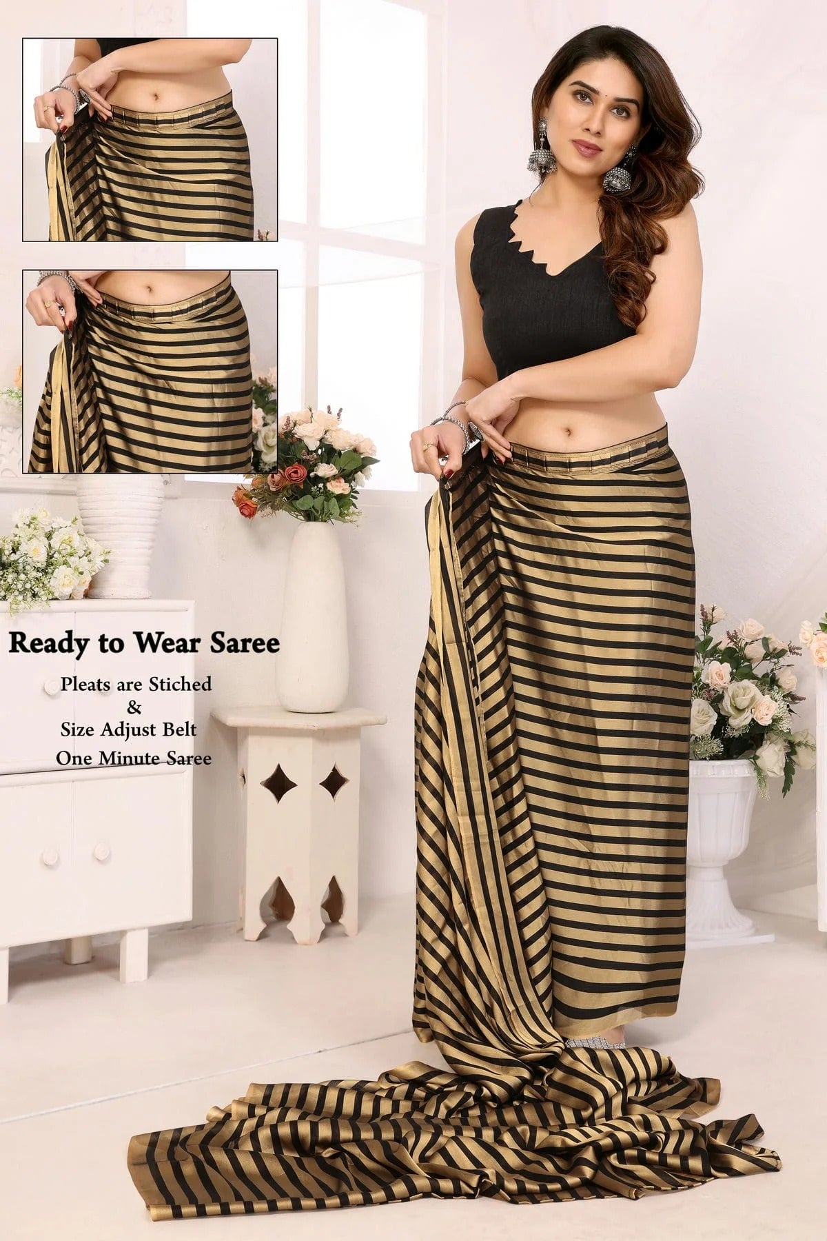 Gold and Black Colour Georgette Ready To Wear Saree SD1180033 A