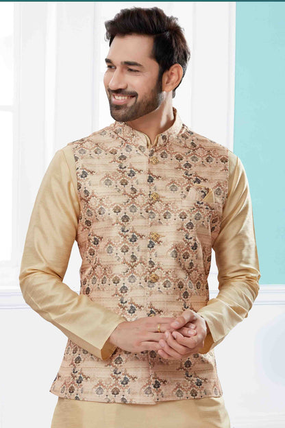 Gold and Cream Colour Kurta Pajama With Jacket In Silk Dupion Fabric KP1040458 A