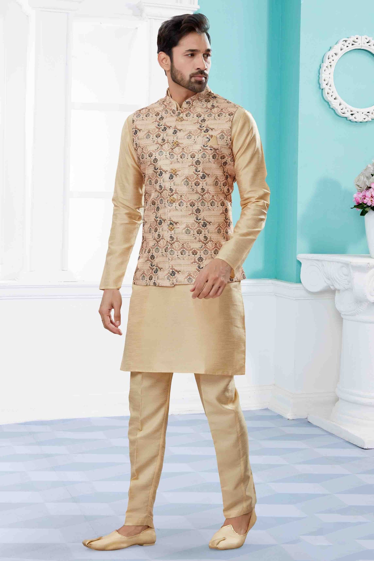 Gold and Cream Colour Kurta Pajama With Jacket In Silk Dupion Fabric KP1040458