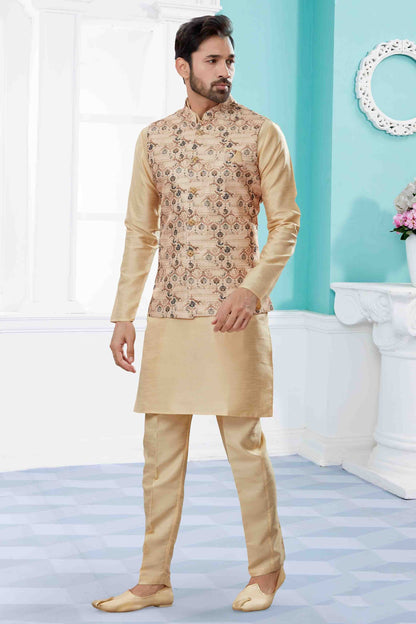 Gold and Cream Colour Kurta Pajama With Jacket In Silk Dupion Fabric KP1040458