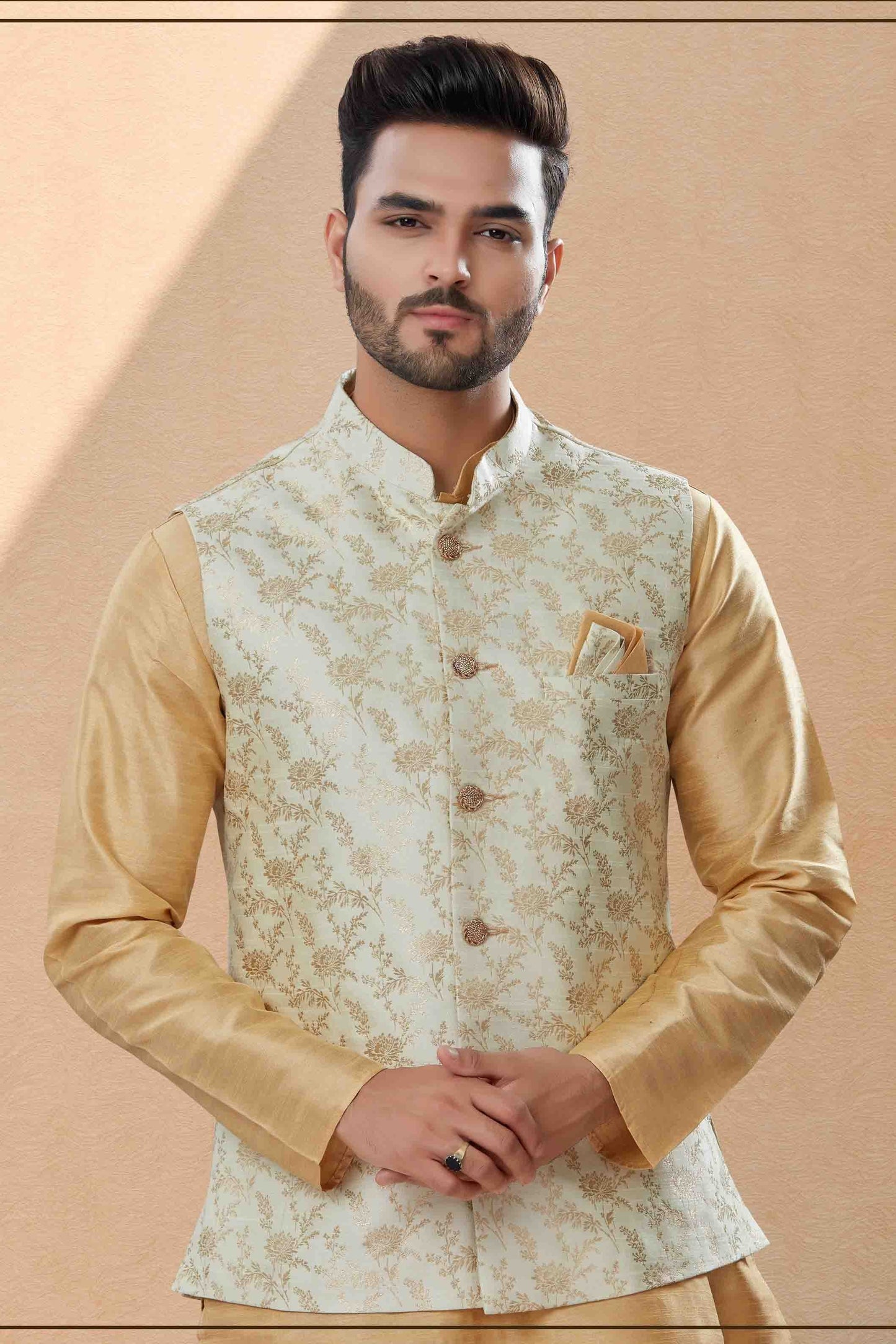 Gold and Cream Colour Kurta Pajama With Jacket In Silk Dupion Fabric KP1040461 A